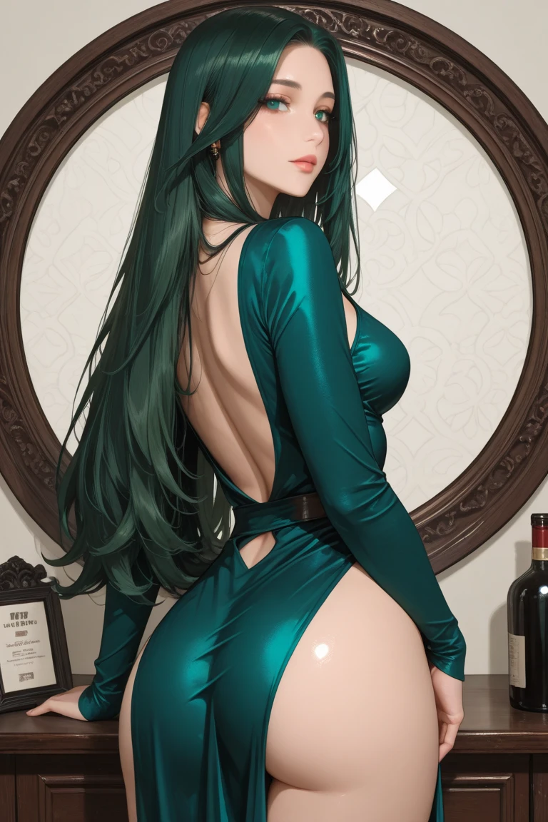 a girl. face sent feeling. Europe. Oval face. long face. delicate facial features. sad eyes. seductively seductive. green eyes. long straight hair. green hair. sad expression. big butt. Sexy silk nightgown