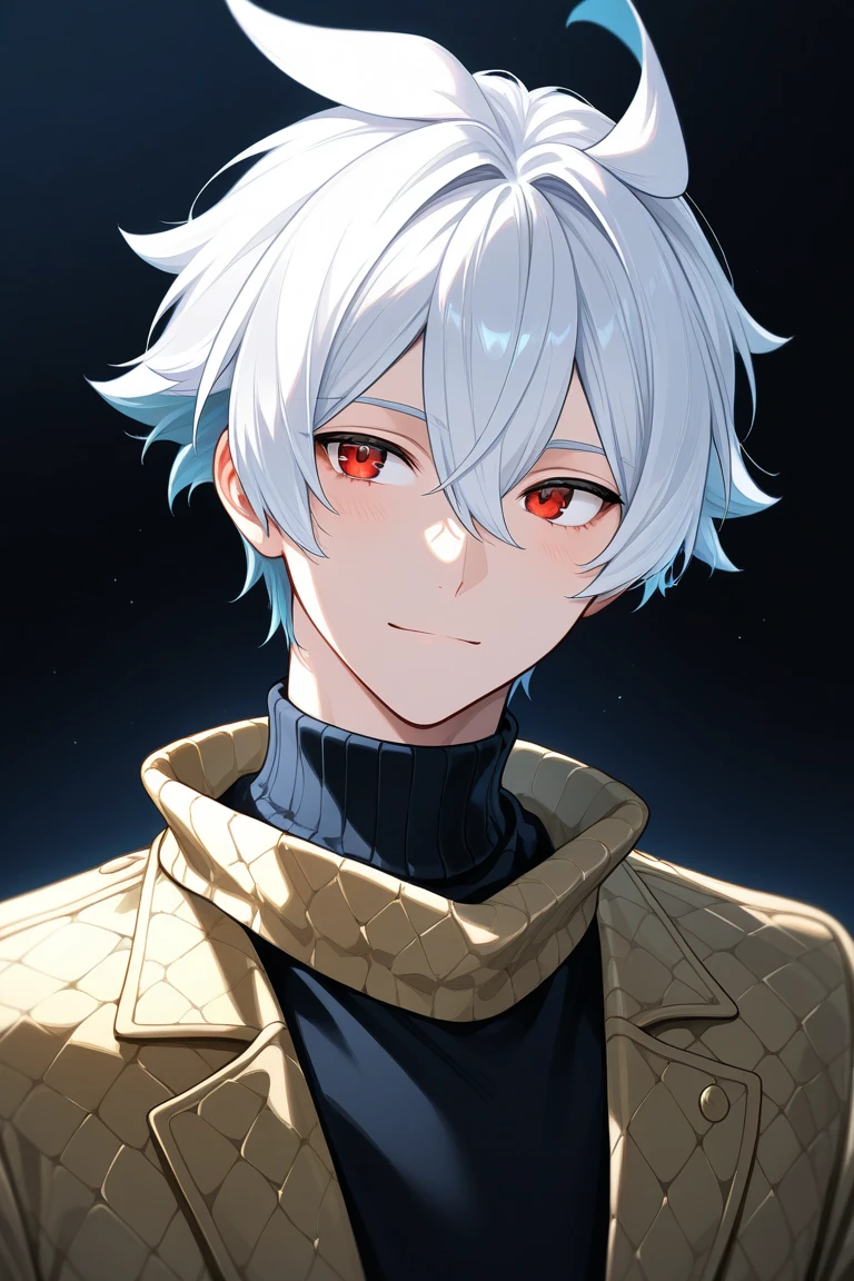 a man with short fluffy hair, head tilted back, smiling, fangs, one hand behind head, open mouth, smug eyes, cool illustration, techwear outfit, close up of face
