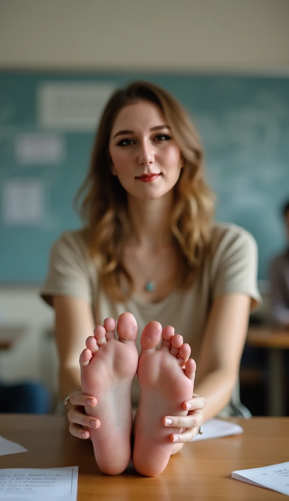 Young schoolgirl in nylon pantyhose in classroom, She shows her feet to her teacher, The girl is sitting at the table in front of the camera