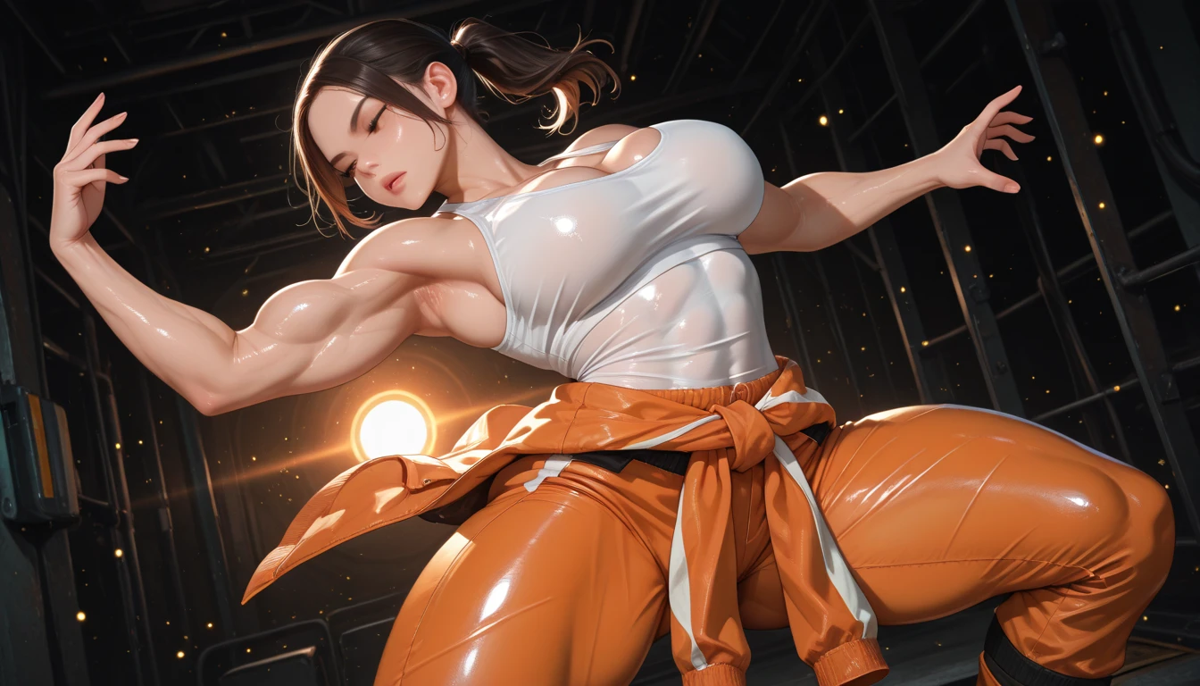 (((Perfect figure,figure,xuer martial arts,Orange kimono,Orange kimono,Black undershirt,(((shihouin yoruichi,Golden pupil,1girl,dark-skinned female,solo,ponytail,long purple hair ))),(((wide hips))),S-shaped figure:1.7))),((masterpiece)),high resolution, ((Best quality at best)),masterpiece,quality,Best quality,((( Exquisite facial features,looking at the audience,There is light in the eyes,blush,shy,open mouth))),(((Light and shadow interlace,huge ))),(((looking into camera,lie on the floor,from above,looking down,open hands,Kurotsuchi)))