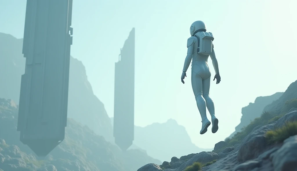 Highly detailed RAW color photo, rear view, full body, (astronaut in a white and red spacesuit, futuristic helmet, tinned mask, respirator, prominent loot), outdoors, (leaning on the edge of a rock and looking at advanced alien structures), on an exotic alien planet, a toned body, big ass, (sci-fi), (mountains: 1.1), (dense green vegetation), (two moons in the sky: 0.8), (very detailed, ultra-detailed, complex), (lens flare up), (very detailed, ultra-detailed, complex), (lens flare) 0.7), (Halo: 0.7), particle effects, ray tracing, movies Lighting, shallow depth of field, shot on Sony a9 II, 24mm wide-angle lens, sharp focus, movie film stilling from Gravity 2013