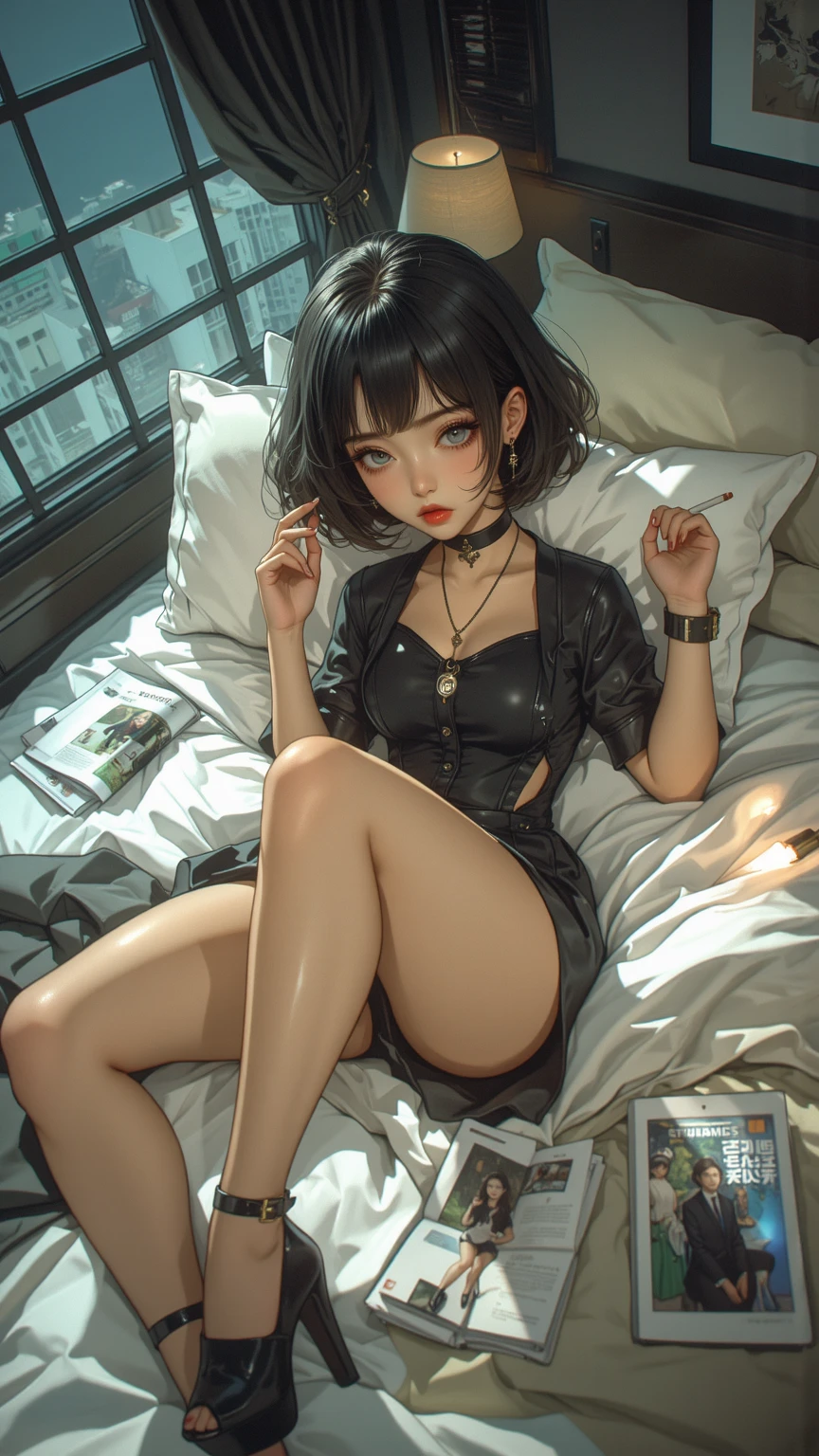NSFW,(Natural finger shape:1.5),((Full Body Shot,Including face)),Standing position,4K,masterpiece,((Focus on the face)),((Symmetrical facial features)),Eye for detailed depiction,Beautiful woman,Excellent style,Beautiful feet,(Small Ass,Thin thighs),(Patterned black stockings,High heels),Facial detailing,Small earrings,necklace,Low angle photo,((camisole,Tight Skirt)),(A scene of a man sitting in a chair in an office and operating a computer:2),Strong sunlight,(((A facial expression of pleasure))),(((Lean your body back and sit on the ground))),Side views of several beautiful women