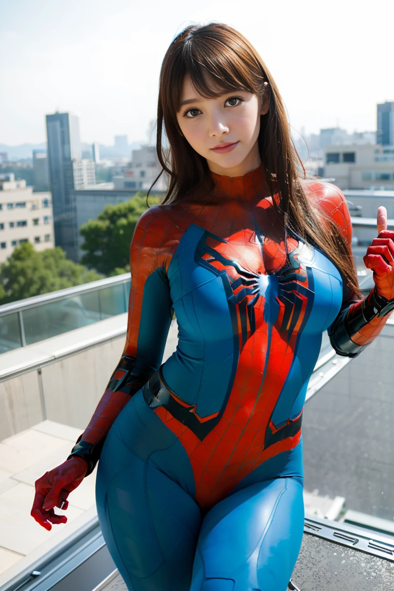 Detailed defined body of a beautiful woman with spiderman cosplay, Small breasts