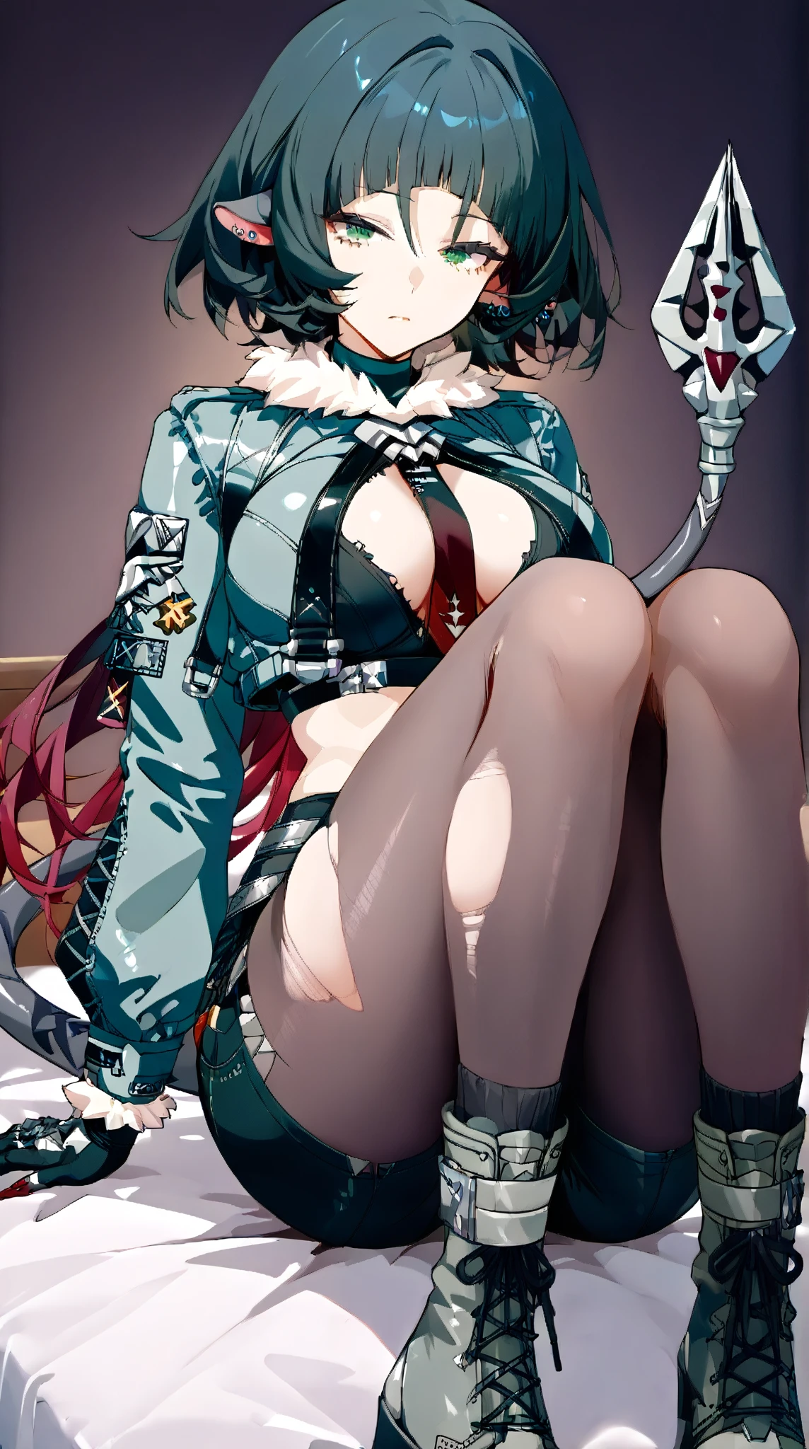 Jane Doe (Zenless Zone Zero), athletic anime girl, messy dark teal medium-short bob cut hair with fluffy ends, side-swept bangs, no long hair extensions, sharp teal green eyes, sitting casually with legs crossed, rugged dark green cropped jacket with fur collar, black tactical crop top, black high-waisted shorts, torn black tights, sturdy grey combat boots, mechanical gloves, metallic rat tail curling beside her, clean flat cel shading, crisp lineart, official character style, vibrant but balanced colors, cinematic atmosphere, highly detailed illustration, polished anime style, masterpiece quality