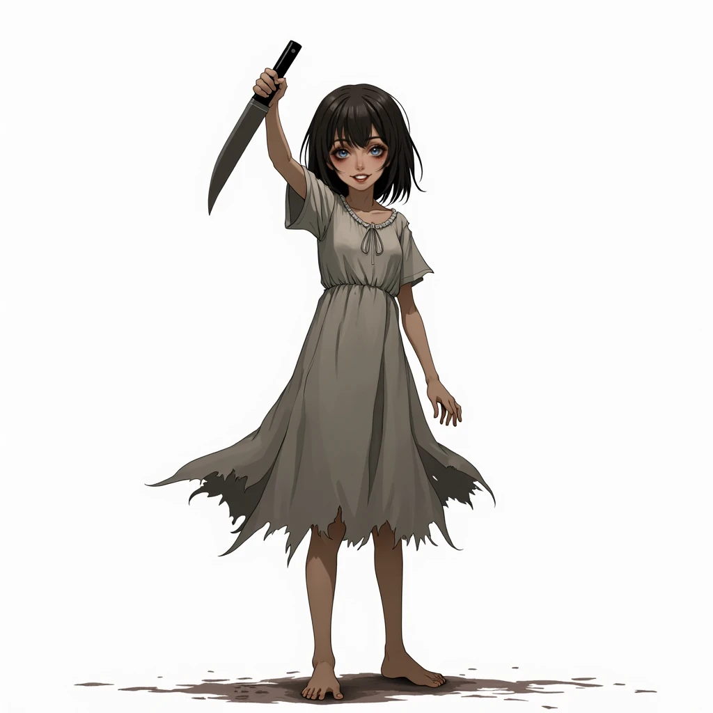 Anime. Young woman. Slave. dirty torn tunic. Dirty torn panties. Cold. Runny nose. Sneeze. Nasal mucus. Snot. Standing. In a lot of growth. Full body.
