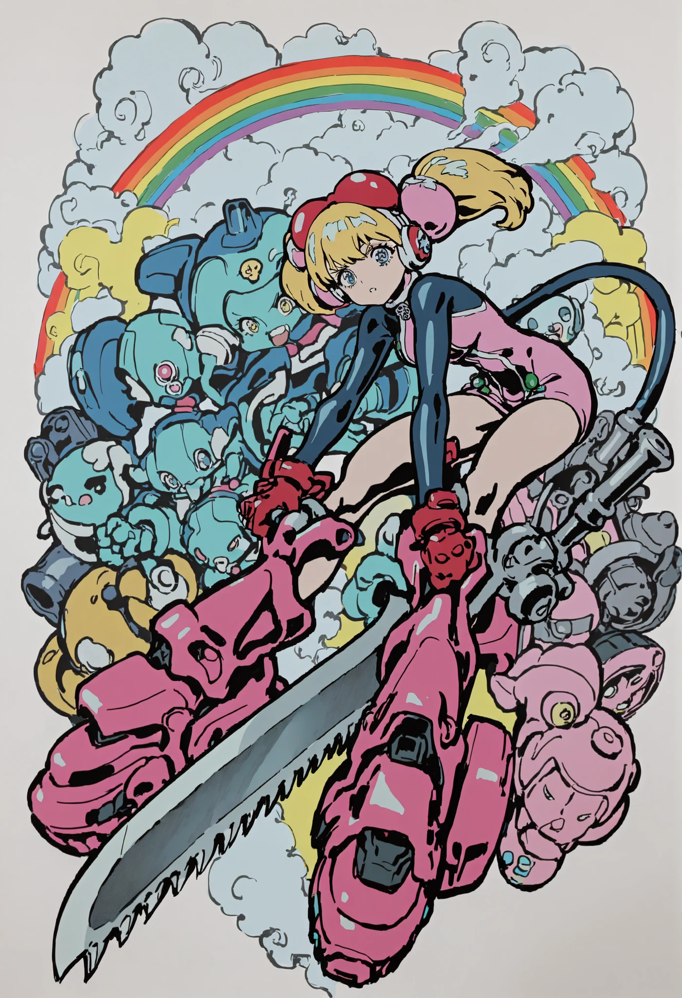 A girl,Saw sword,long sword,Guerrero Doppelsoldner, Puff and Slash fabrics in bright colors underneath,Dynamic Style, GRAPHITE \\(half\\), esque ,  degraded, rainbow, use,  line sketch ,