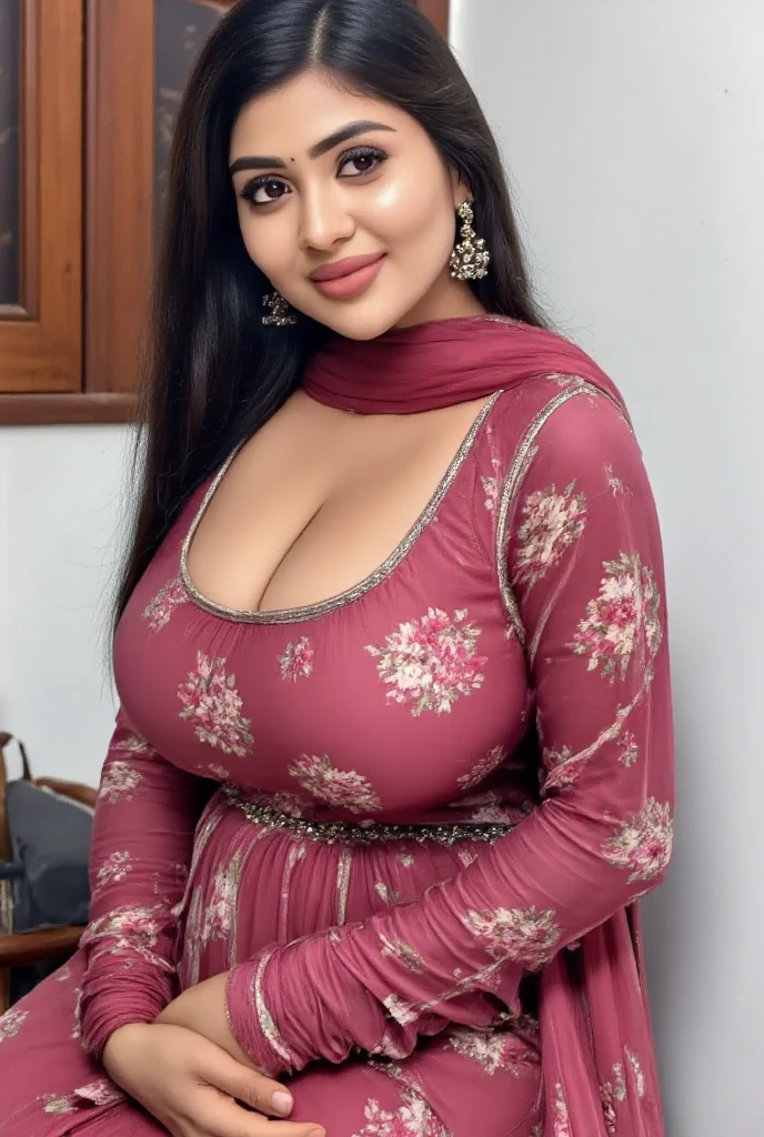 A beautiful poor woman(busty, very large enormous breasts, beautiful eyes) with very beautiful face cleaning floor by hands wearing saree(very deep neck,). Cleaning floor and showcasing huge breasts with huge cleavage. Old clothes, saggy breasts, natural breasts, real skin, Long exposure. Full body photo.