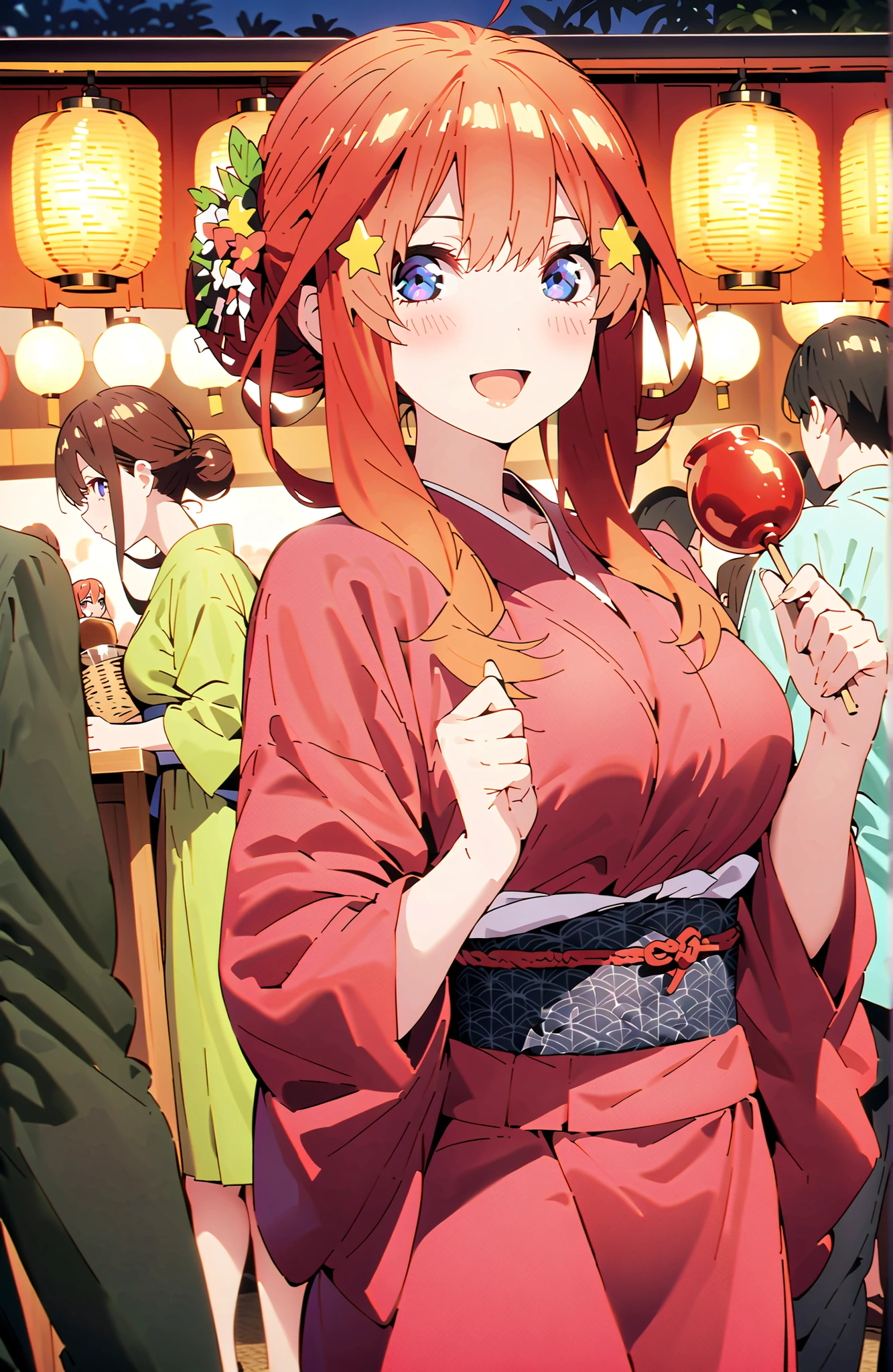 score_9, score_8_up, score_7_up, source_anime,  Nakano Mizuki , blue eyes, hair ornament, red hair, glass, hair bun, star (symbol, star hair ornament, Big Breasts,smile,blush,open your mouth,side lock,single bun hair, red flower pattern kimono,Holding a candy apple with one hand,standing,Light up fireworks,Red Lantern,Japanese stalls ,crowd,full bodyがIllustrationsに入るように,in their 40s outdoors, Japanese Festival,
in their 40s looking at viewer,full body,
in their 40s (masterpiece:1.2), Highest Quality, high resolution, Unity 8k 壁紙, (Illustrations:0.8), (beautiful detailed eyes:1.6), very detailed face,  perfect lighting on the table, extremely detailed CG, (perfect hand, Perfect Anatomy),