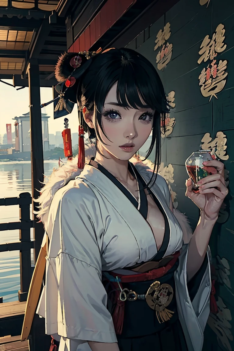 The upper part of the body、女の子1人、A dark-haired、Bun hair、mansion、Purple Eye、Gorgeous kimono、off shoulders、Large breasts、Chest、cigarette、Having a cigarette、Japan anime-style odd eye spell, rain falling