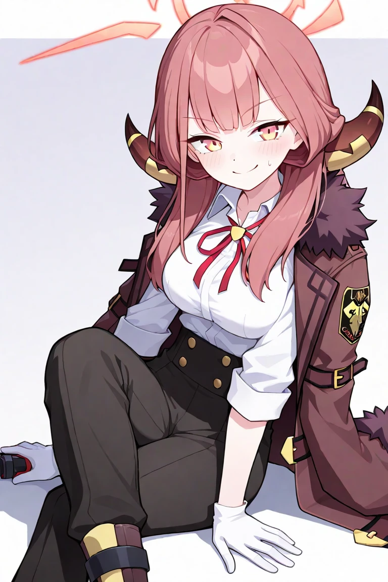 aru \(blue archive\),1girl, solo, horns, halo, squatting, blush, skirt, fur_trim, white_background, looking_at_viewer, white_shirt, simple_background, black_footwear, closed_mouth, long_sleeves, coat_on_shoulders, hand_on_own_cheek, neck_ribbon
<lora:aru_(blue_archive)_image2817_2023-11-25-000009:1>halo. gorgeous,key visual, vibrant, studio anime,award-winning, professional, highly detailed,high budget, cinemascope