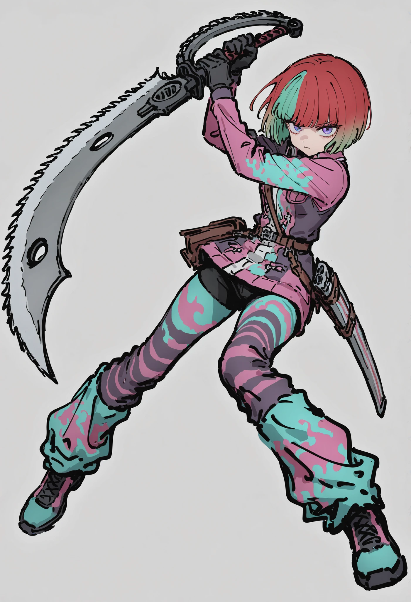 A girl,Saw sword,long sword,Guerrero Doppelsoldner, Puff and Slash fabrics in bright colors underneath,Dynamic Style, GRAPHITE \\(half\\), esque , degraded, line sketch ,