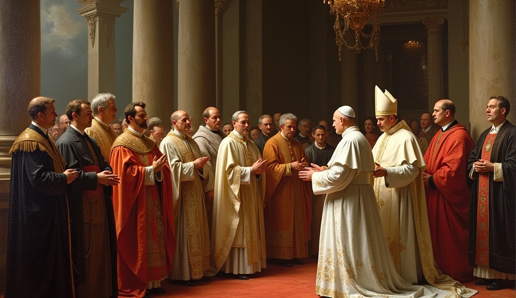 (photorealism:1.2), men, crowned, white robes, royals, golden court yard