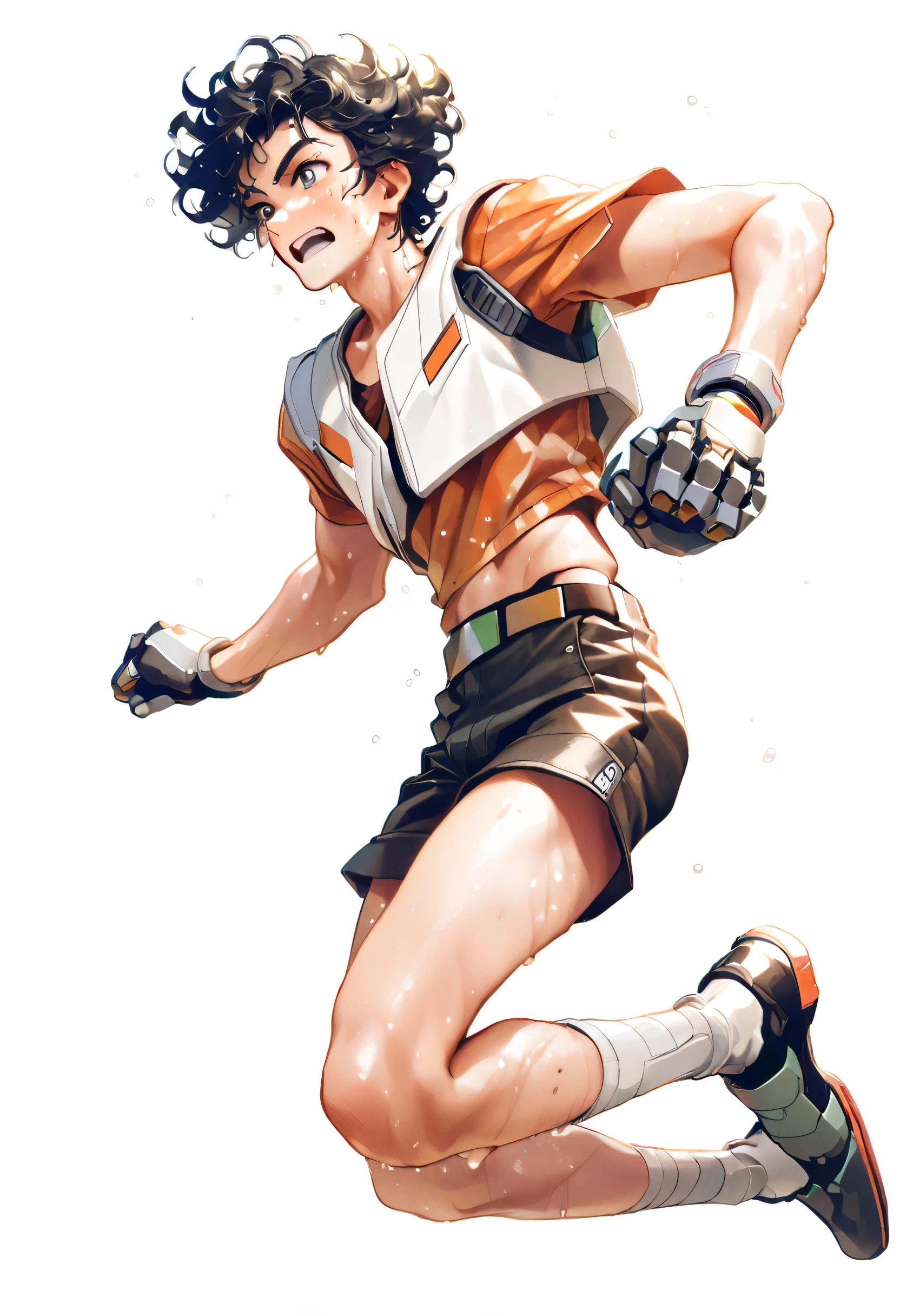 Retro-futuristic, young male, 22 years old, bounty hunter, robotic arm, white background, curly hair, 1 person, dynamic pose, bludwing style, sweaty, black hair, jumping