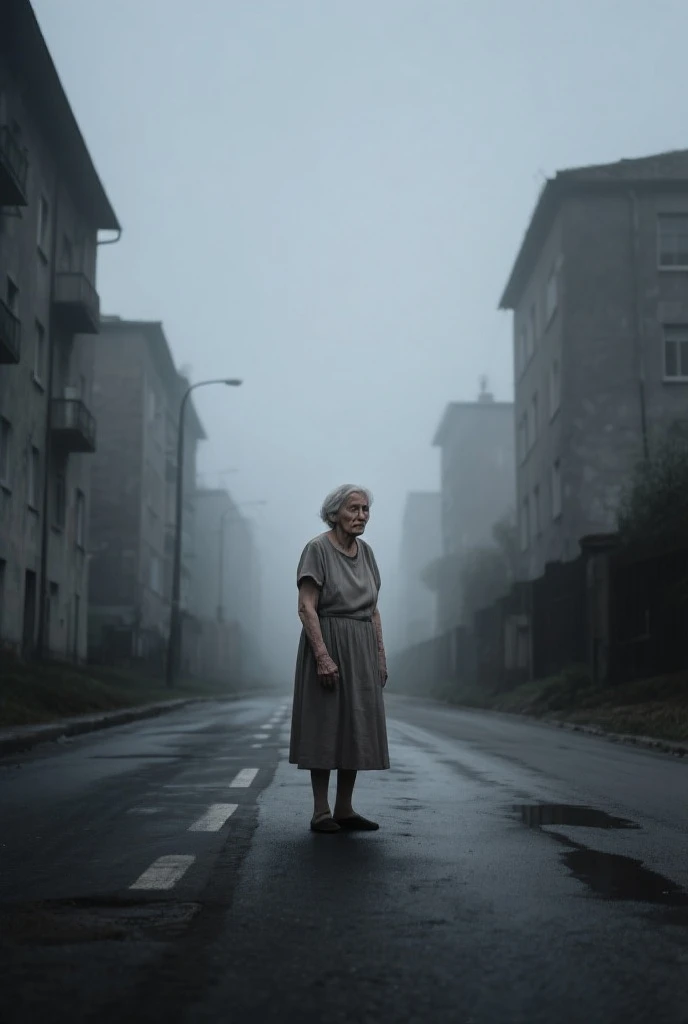 an old skinny lady with white hair and a scary face with wrinkles and a white nightdress in a street during the night, details, photorealistic, terror