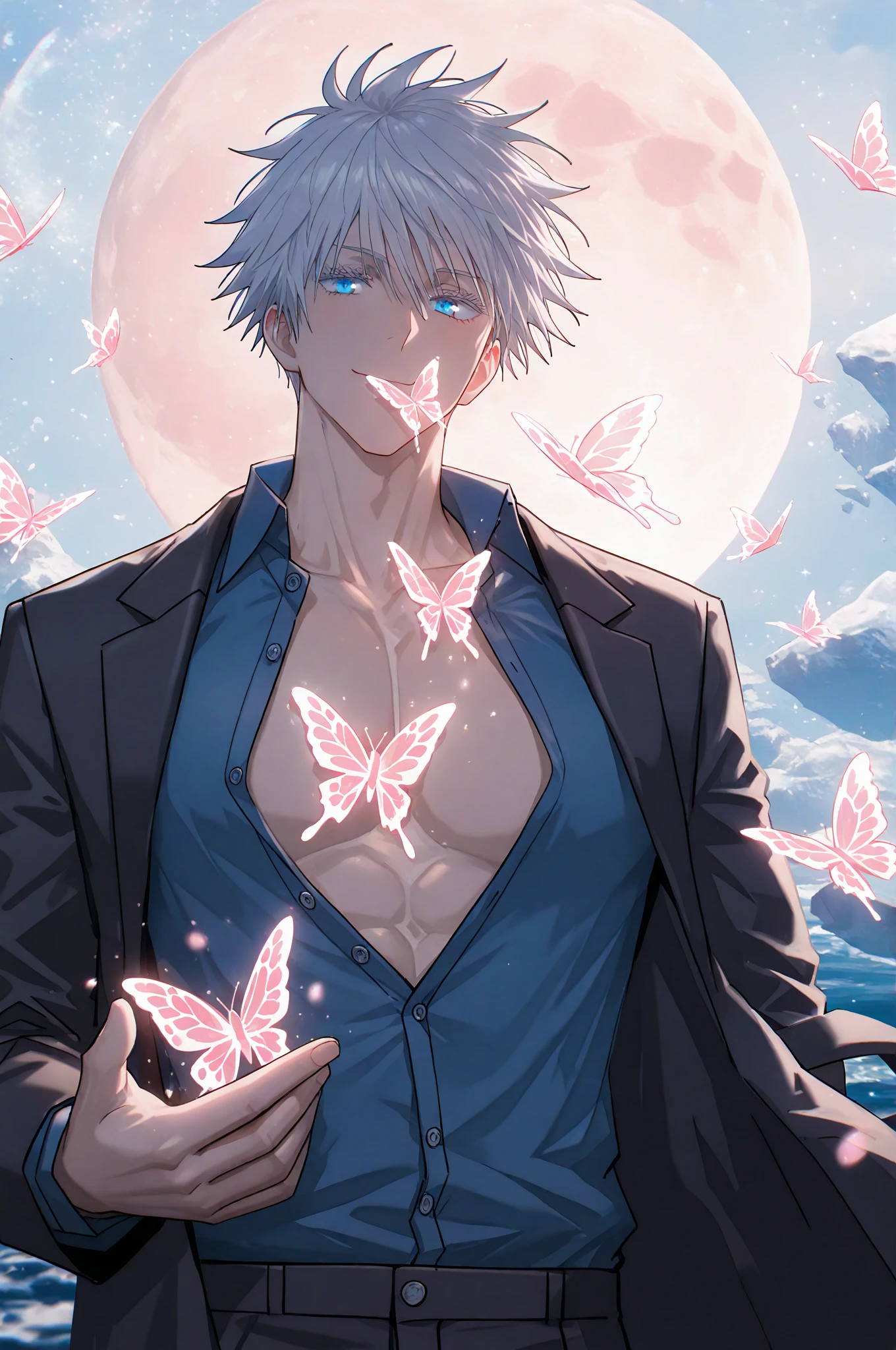 absurdres, highres, ultra detailed, HDR, master piece, best quality, extremely detailed face, Gojou Satoru, white hair, with bangs, hair between the eyes, expressive blue eyes, white eyelashes, black round sunglasses, Jujutsu Kaisen, solo, sexy man, handsome, handsome smile, bare chest, toned chest, without shirt, fantasy, magical, butterflies, summer, green leaves, flowers, water