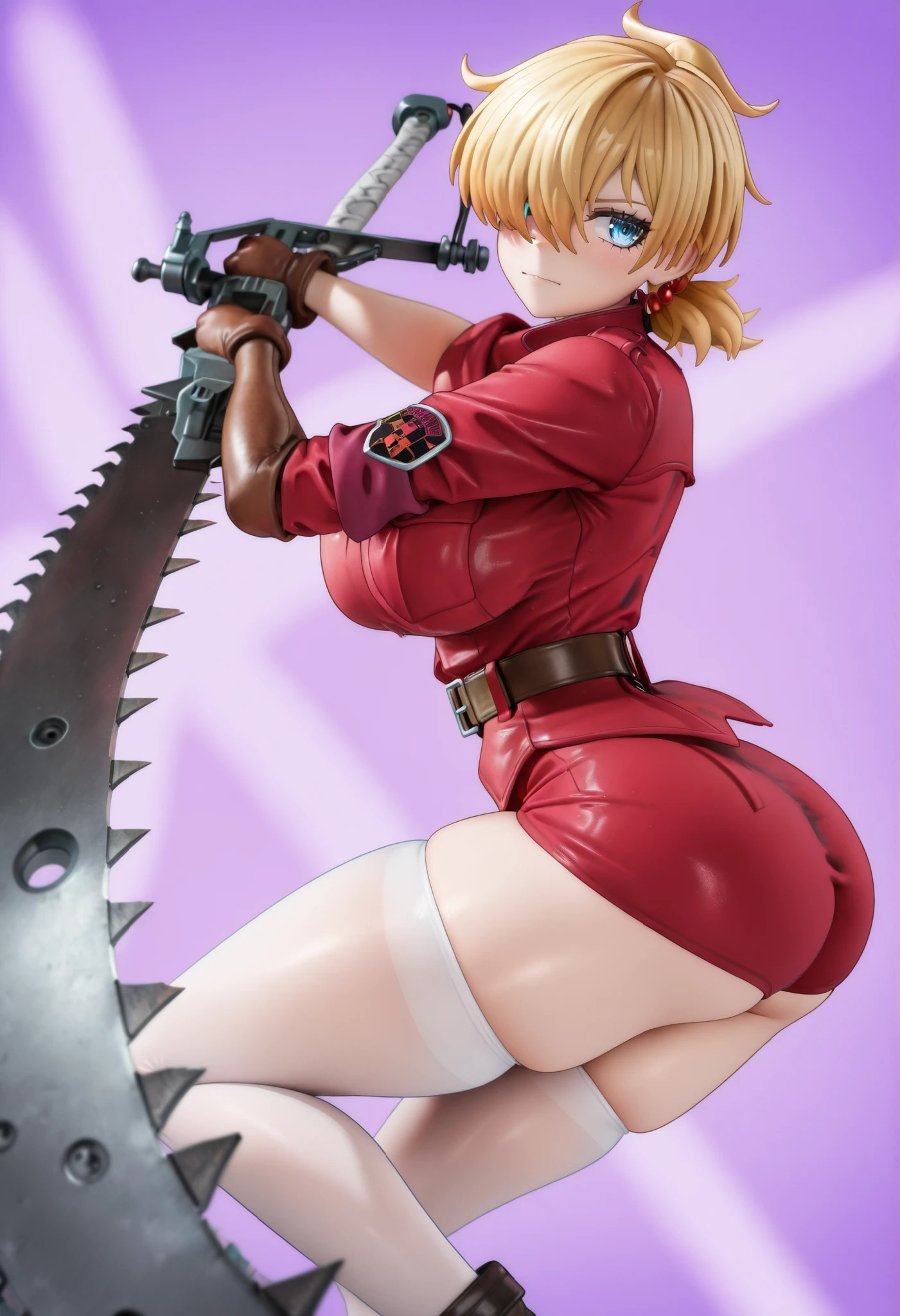 A girl,Saw sword,long sword,Guerrero Doppelsoldner, Puff and Slash fabrics in bright colors underneath,legs open