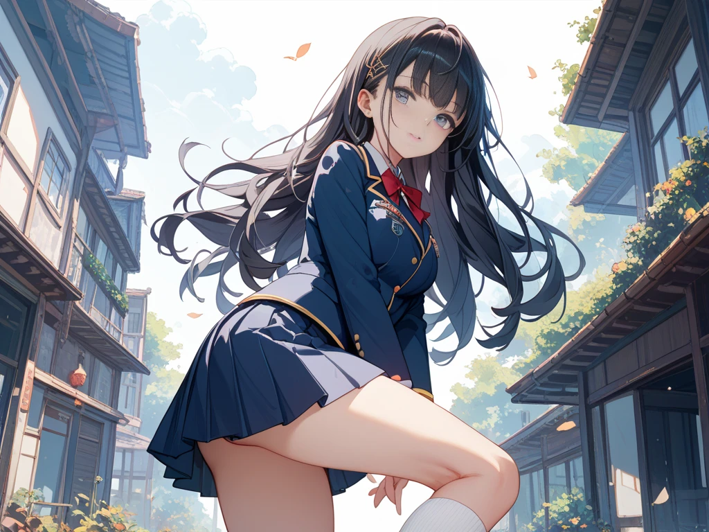 masterpiece, best quality, high quality, extremely detailed, very delicate and beautiful, (1female 1 adult solo:1.5), (long black hair with two side up:1.5), bangs to eyebrows, eyes sharp and bright (eye color magenta:1.3), 6.5 head height, (clothes navy blue uniform blazer and gray uniform skirt and tie blue-green and black knee socks:1.3), lace, (standing), ( walking :1.3),(dynamic pose), (smiling), (background School building:1.3), ( Blue sky:1.3)