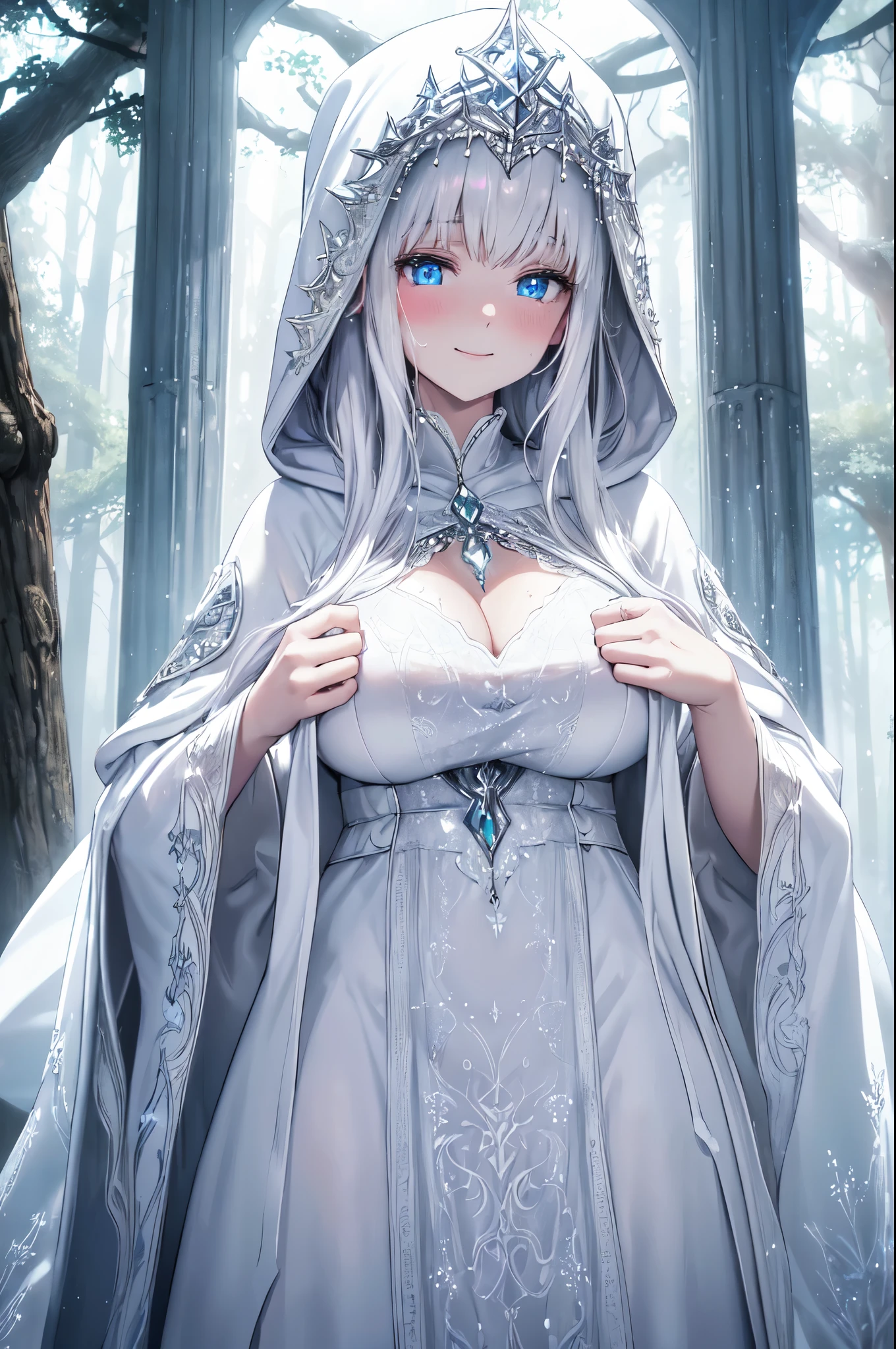 Realistic 3D anime style image of a extremely beautyfull dark-skinned woman wearing a long white hooded cloak ((covering her head up to her forehead)), ((cape and hood decorated with fine intricate details)), beautiful face, perfect beauty , detailed, symmetrical, ((two long strands of white hair on each side of the face)), ((her blue eyes reflect the light of the stars)),(( beautiful eyes)) ((extremely  detailed)), ((beautiful lips)),((well detailed full lips)), (perfect body), (voluptuous body) ,(((large breasts))),(a round silver medallion (with fine intricate details) tied to a silver chain hanging on her chest),(((narrow waist))),(((wide hips))) , (((thick thighs))),(long-sleeved white blouse), (qipao collar decorated with fine intricate details), (black gloves with cuffs) (decorated with fine intricate details), (short white skirt with a sash, (in the sash she wears a leather belt from which a silver dagger hangs),(( long white stockings covering her legs to the middle of her thighs)), (white ankle boots with flaps up to the knee), ((decorated with fine intricate details)). walking through a forest of wisteria trees, near a beautiful lake with crystal clear waters on a Beautyfull clear night in a sky full of stars ((ground full covered whit beautifull and shiny blue flowers)), high quality image,extremely detailed, masterpiece, 8k resolution,