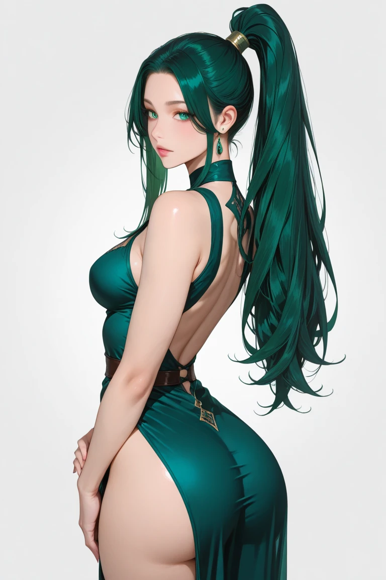 masterpiece, best quality, cinematic, photorealistic, ultra-detailed), (1girl, female ninja), sexy nude body, (wide shot, from behind:1.5), perfect hands, wide hips, (bursting breasts, large cleavage:1.3), round ass nude,, tabi socks, hakama skirts, , ninja mask and ninja hood, with green highlights:1.5), (messy greenhair long, brown eyes:1.4), (seductive pose, leaning carelessly:1.4), (detailed eyes, detailed pupils), (naked), (night, full moon), nude ass