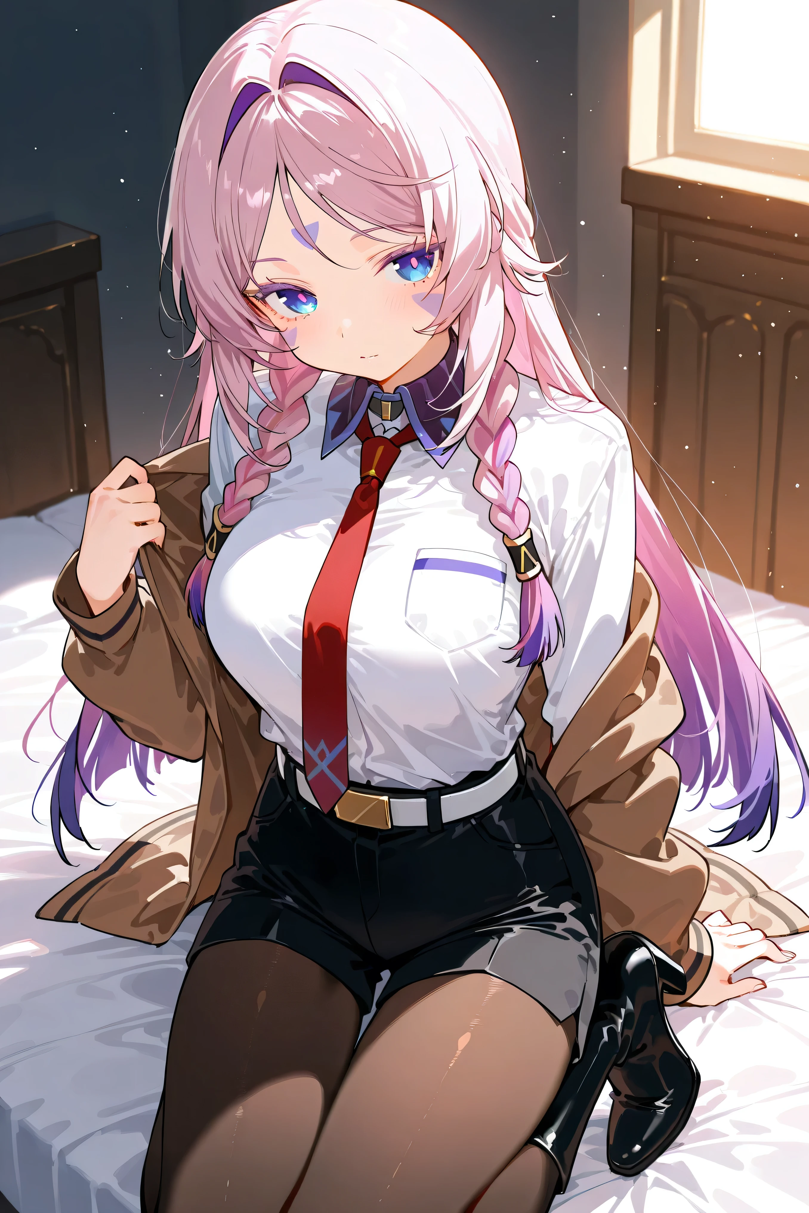 score_9, score_8_up, score_7_up, masterpiece, best quality, very aesthetic, absurdres, tunning image, light particles, attractive image, 1girl, solo, adult grown woman, citlali \(genshin impact\), pink hair, purple hair, multicolored hair, twin braids, hair intakes, blue eyes, forehead mark, lavender eyelashes, pink pupils, long hair, colored eyelashes, masterpiece,best quality,amazing quality, 5 fingers, alternate costume, Makise Kurisu uniform,brown jacket,off shoulder,red necktie,white shirt,collared shirt,breast pocket,long sleeves,shirt tucked in,white belt,black shorts,short dress,pantyhose under shorts,black pantyhose,high heel boots,black footwear
