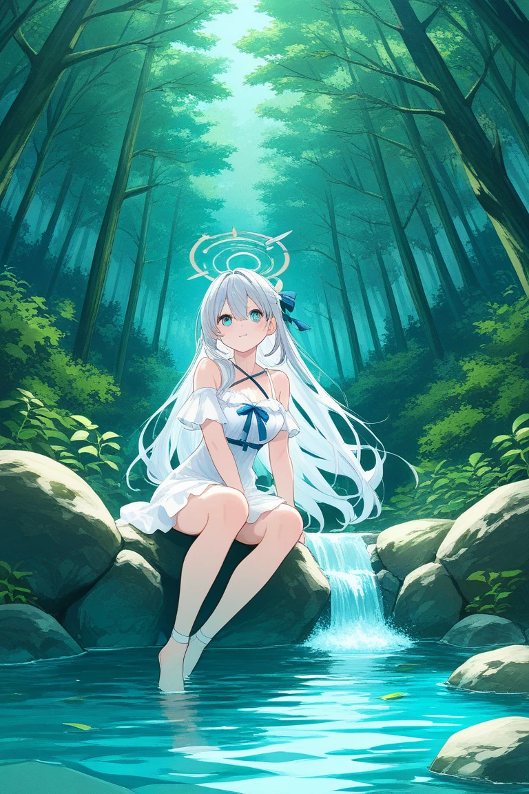 ((A close up)) of anime teen girl, (((((sitting down in a forest on wood)))))), (mostly naked), ((barefoot)), (cinematic light), skin is perfectly white, soft, and smooth, ((no nsfw)), Extremely delicate and beautiful CG illustration, small thigh, slim body, best quality, high resolution, dynamic angle, full-length lens, (((1 girl))), (detailed eyes), soft light, high-key lighting), glowing light, ((blue glowing ring around her ankle)), (((wearing (only) a white (transparent) tank top))), ((((mist: 1.7))))