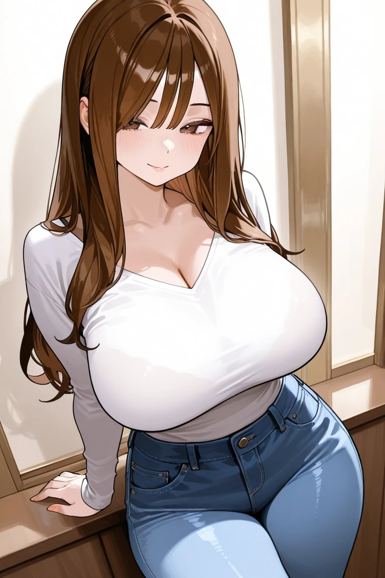 best quality, ((huge tits)), (jeans), (busty), bedroom, (curvy), thick thighs, (masterpiece:1.2), (tanktop), highly detailed, 1girl, kotegawa nanaka, looking at viewer, smile, open mount, brown eyes, brown hair, long hair, open mouth, all fours, from behind, lipstick