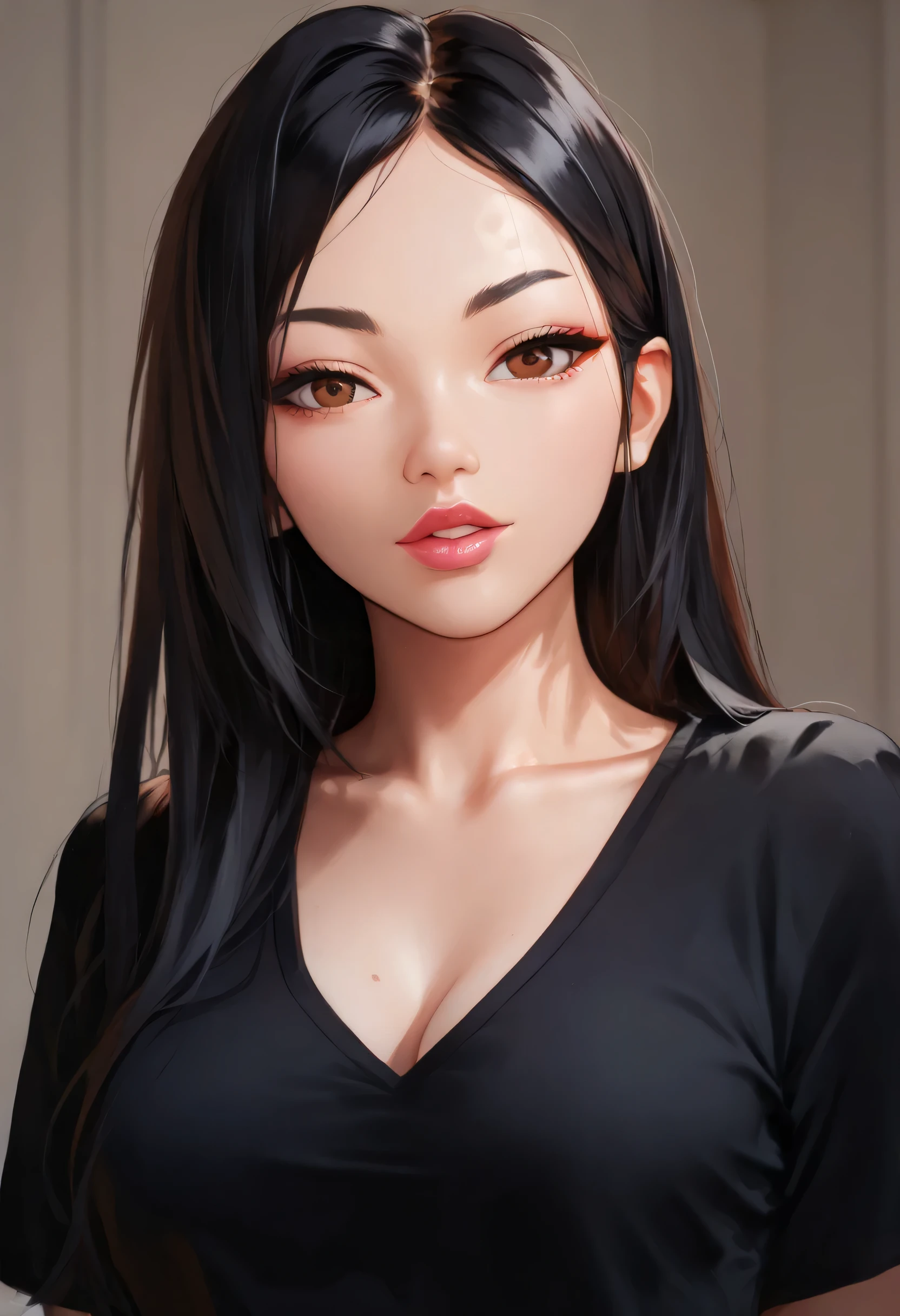 (best quality,ultra-detailed,realistic:1.37),portrait,sexy MILF neighbor,black hair tied in braid, seductive gaze,red lips parted in a blush,intense emotion,long neck, bare shoulders,medium chest with cleavage,sexually aroused expression on a bed in a bedroom