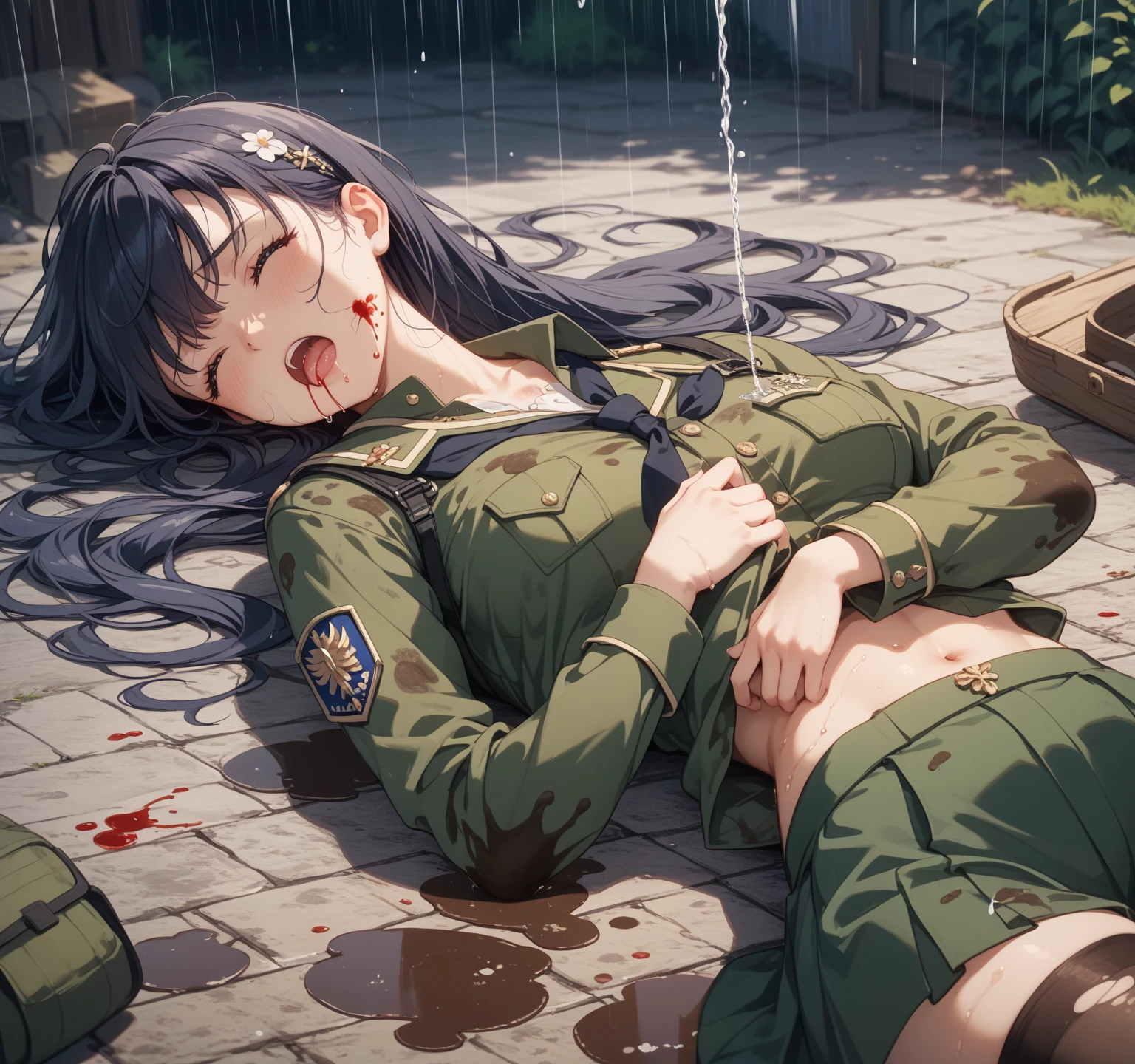 ((fullnude))、Japan during World War II、Due to American bombing、Girls' school destroyed in bomb attack、Scattered throughout the classroom、Clothes tear and fall、Damaged corpses of a large number of girls pile up、Torn limbs、Blood stains flow out、Feces are leaking from the corpse、Anatomically correct body structure、