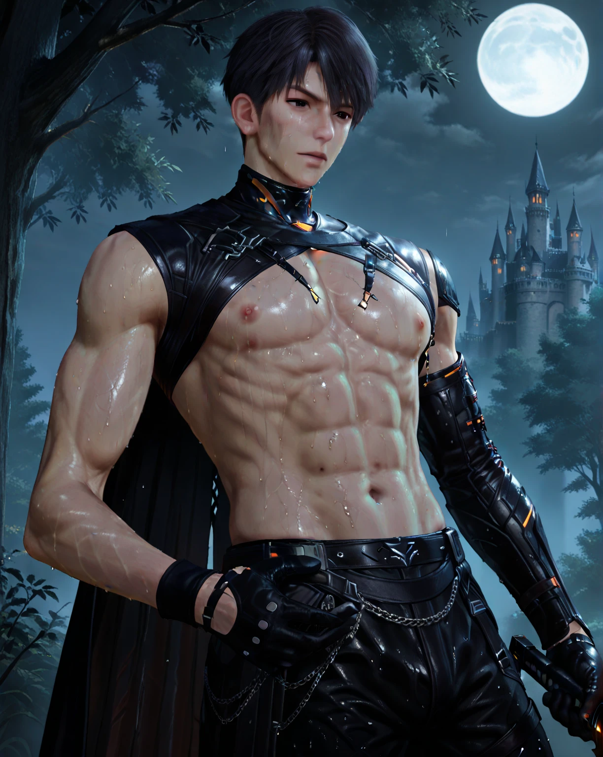 Stunning dark fantasy intricately detailed masterpiece in 32k, UHD, scene contains a 25 year old anime manga male vampire with pale skin, piercings, visibly tattooed with floral designs, fangs, in an intimatepose with long black hair grey eyes freckled skin, intimatelykissing a 25-year-old male on his back, giving an impression of a dark fantasy atmosphere, Dark fantasy romantic semirealistic manga comic style. Volumetric and dynamic lighting. Hyperdetailed photorealistic hyperrealistic