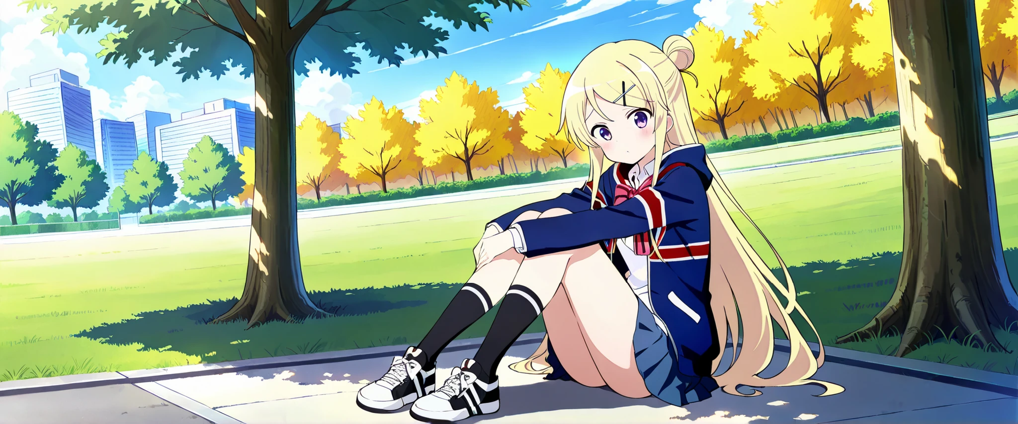 1girl, solo, long hair, looking at viewer, blush, blue eyes, skirt, blonde hair, shirt, hair ornament, bow, sitting, very long hair, school uniform, purple eyes, jacket, full body, pleated skirt, outdoors, sky, shoes, day, socks, hairclip, hood, bowtie, hair bun, black footwear, red bow, tree, single hair bun, grass, x hair ornament, black socks, building, sneakers, union jack,unwellness kujou karen
