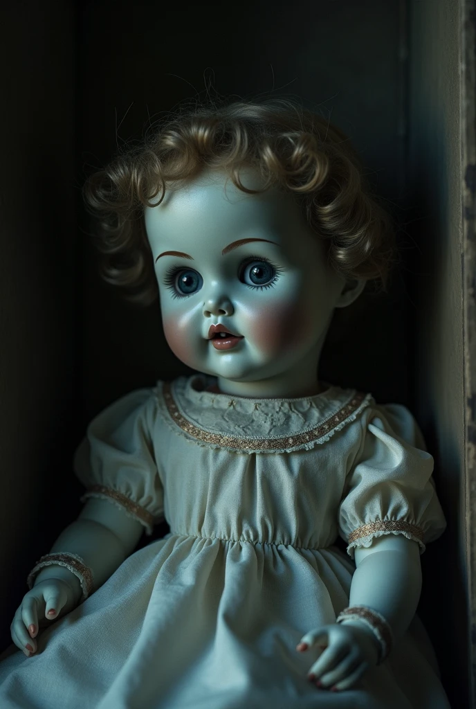 Close-ups of the deteriorating dolls with disturbing expressions