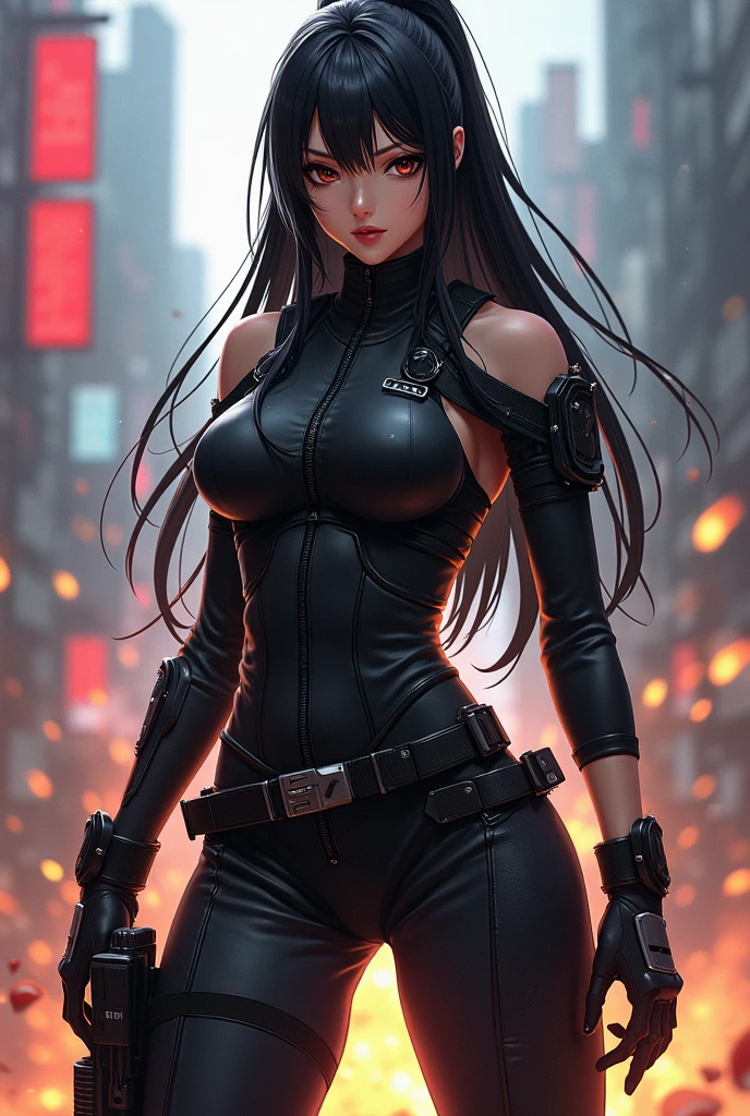 Adult woman, ebony, black skin, long curly black hair, red eyes, Bondage on the eye, musculature, Black hired tight top, Mercenary pants, arma, sword, smirk, Masterpiece, hiquality