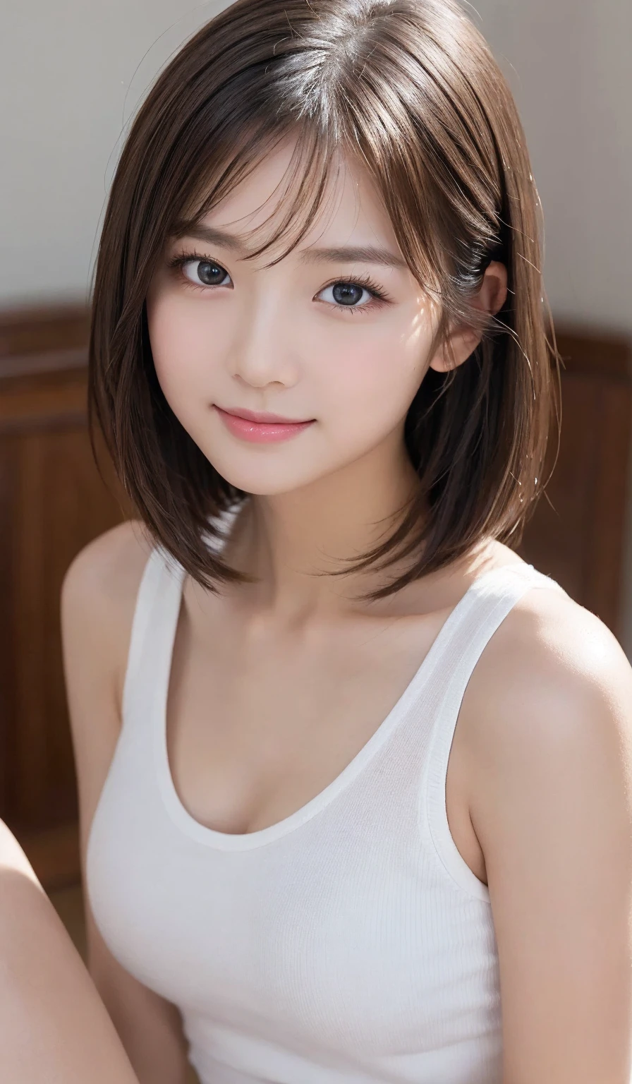 Masterpiece,(8k, RAW photo, best quality, masterpiece:1.2), (realistic, photo-realistic:1.4), (extremely detailed 8k wallpaper), sharp focus, depth of field, blur background, bokeh,Do not split,inside the bedroom,(Japanese Woman),20-year-old woman,short hair,(well-proportioned body shape:1.5),(Wearing underwear 1.5),(Looking at viewer),((super fine face)),The whole body was photographed,full body,Licking lce cream,Sticking out tongue