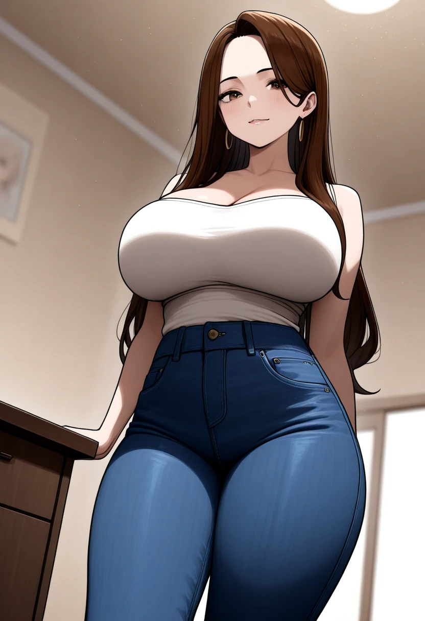 disgusted look, angry, busty, big breasts, massive breasts, pov eye contact, looking at viewer, thick, cleavage, thick lips, wide hips, thin waist, staring down at viewer, mature mom, jeans, yelling at viewer