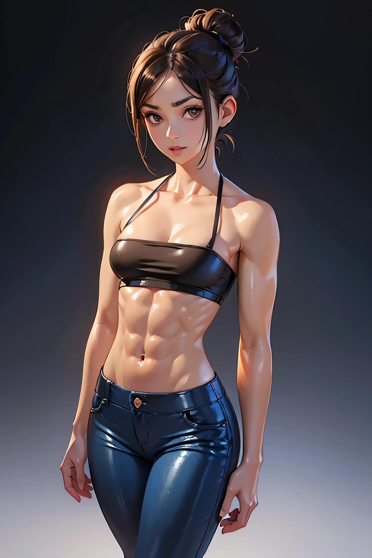 A muscular woman poses for a photo, fit woman, female and muscular, crop shirt and strong abs, bodybuilding woman, Fitness model, fit girl, Perfect muscle structure, Strong body, athletic body build, Toned body, musculous，Exhausted woman, sexy muscular upper body, Body movement, Muscular body, chiseled abs, Attractive body, Muscular girl