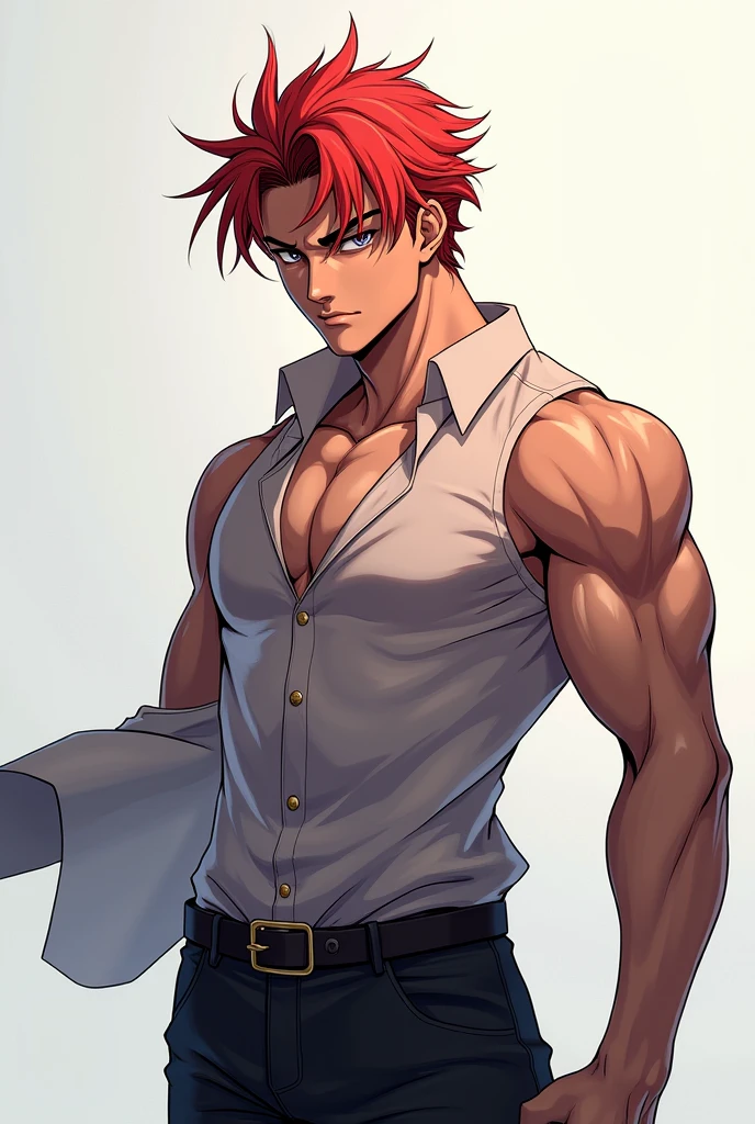 man strong, yellow eyes, very tired eyes, surgery stitches on the body, scar not nose, cabelos Red-Haireds, medium hair, katana, White tank top, defined muscles, cigar, Red-Haired, White tank top, brawny, 3, flaming katana