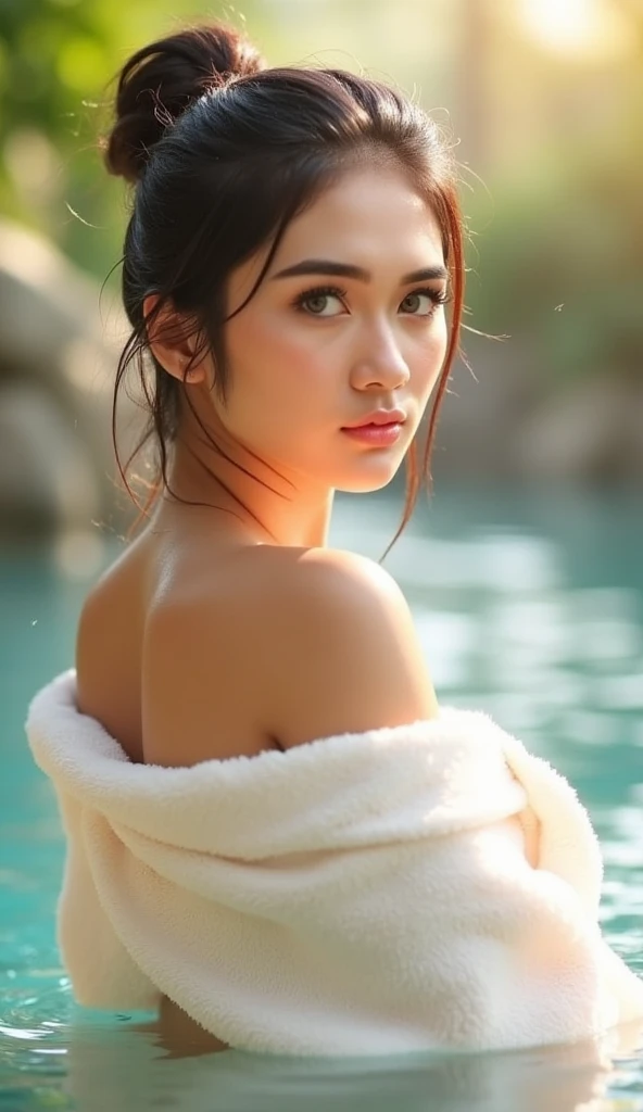 Lifestyle photoshoot, a beautiful indonesian girl (slightly overweight), soaking in the river, bright light, ultra HD 16K