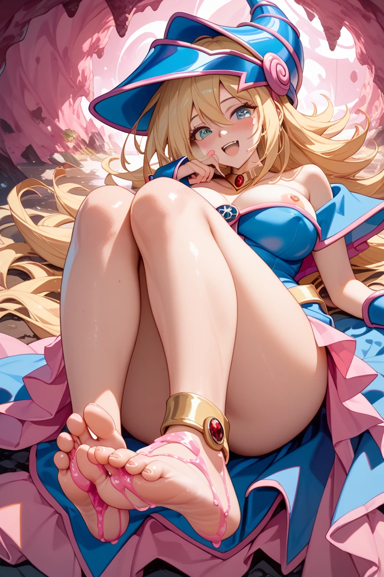 1girl,green eyes,evil smile,blush,open mouth,feet,feet focus,(fiev toes1.5),steam,sweating,feet crease