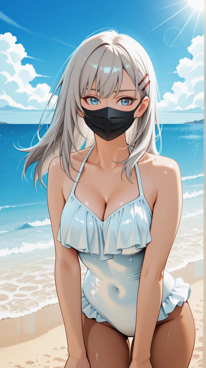 masutepiece, Best Quality, Highly detailed, hight resolution,Karen Stadtfeld,Blue eyes, Hair intake, Large breasts, Red hair, Short hair,spiked hair+,MKSKS style,(onepiece swimsuit:white:1.5)+ white_Swimsuit+,{{{livestream, Live stream screen view, Smile, }}}, Play button, Seeking, 1girl in, pajamas, White Mouth Mask, cleavage, {{{Text}}}, Comments by Bilibili, Sexy Pose,Sexy