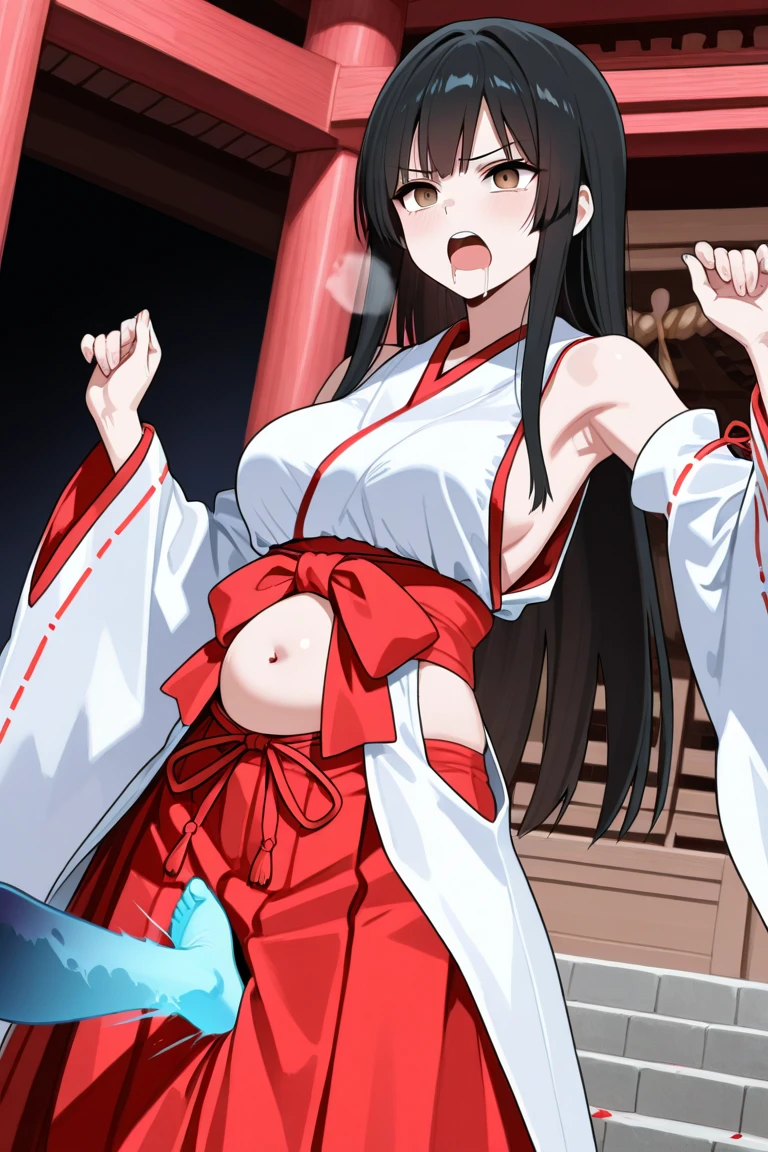 erotic lady, 2 old,Nakoruru,1girl,solo,hairband,ainu clothes,arms behind, humiliated, Shameful face, nsfw, ( nude:1.1), (see-through clothes:1.3), nsfw