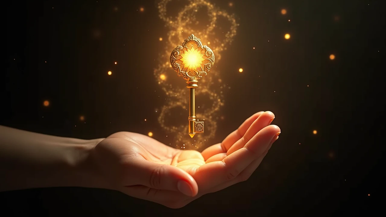 A man's hand holding a shiny golden key, with rays of light around the key, fantasy, cinematic, realistic, mystical, CGI, special effects, super powers