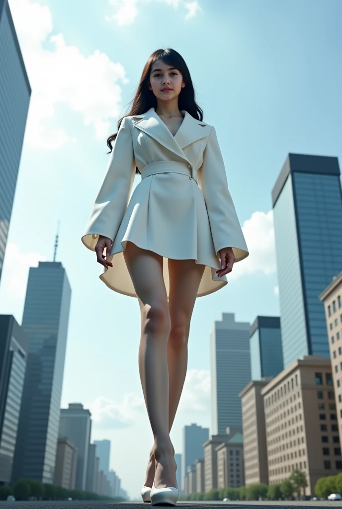 (in 8K、Raw photography、Highest Quality、realisitic、Photorealsitic、Professional Lighting、masterpiece、Extremely delicate and beautiful、Highly detailed、finely detail、ultra-detailliert、hight resolution、beautiful and detailed face、Textured skin、Correcting complexion with strobe、full-shot:1.1、low angles:1.5)、1girl in、Alone、Alone:2、Alone:2、Standing alone:2、beautiful model、Beautiful face:1.5、short red skirt、Wet white panties:1.5、White Blazer、gold trim、Long body、Hostess、22year old、Good posture、Straight spine、Brown curl long cut、White high heels、anklets、gyuru、a necklace、A bracelet、earrings、Hermès Accessories、Stairs at Shinjuku Station at night