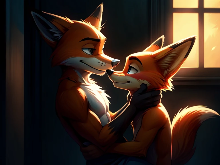 anthro, (husky) , male, ((red fur)), on bed, on knees, facing another, duo, blue eyes, with male purple fox, canine penis, knot, kissing, frottage, penis focus, erection, black pupils, photorealism ,by zaush, by ruan jia, by jay naylor, by nuzzo, by disney, by pino daeni. (4k), HD, quality, looking horny, black pupils, photorealism , bedroom setting, night time, (4k), HD, quality