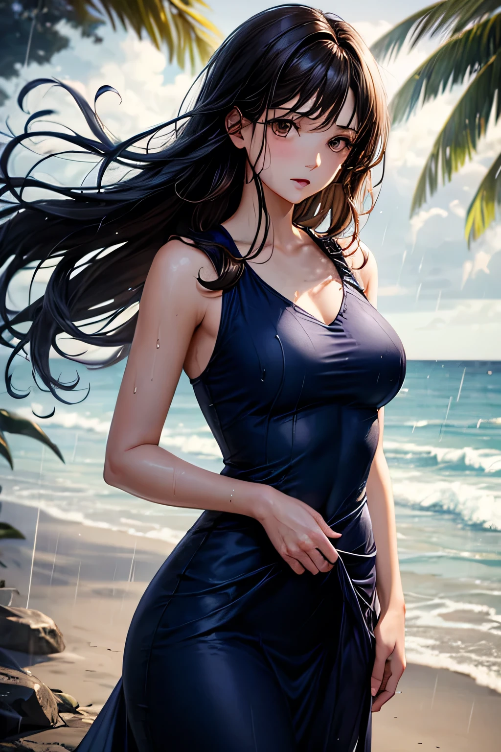 8k, masterpiece, RAW Photos, highest quality, Realistic, Very detailed, Depth of written boundary, Cinematic Light, Anatomically correct body,
One beautiful 40 year old woman, (Very beautiful face:1.3), (Exquisitely detailed face:1.3), (A seductive face:1.2), (Very sensitive skin:1.3), Transparent muscle, Shiny white skin, Glamorous Body,
(Wavy black long hair:1.2), (Sexy Breasts:1.1), (Sexy ass:1.1),
(Summer Beach Dress:1.4), (Detailed cloth texture:1.2), (Gorgeous necklace:1.1), (Gorgeous earrings:1.1),
(Dark starry background:1.4), (Milky Way:1.1), (milky way:1.1), (shooting star:1.1), (Dark coastline at night:1.4), (Pitch black sea surface:1.4),
(Standing on the beach:1.2),