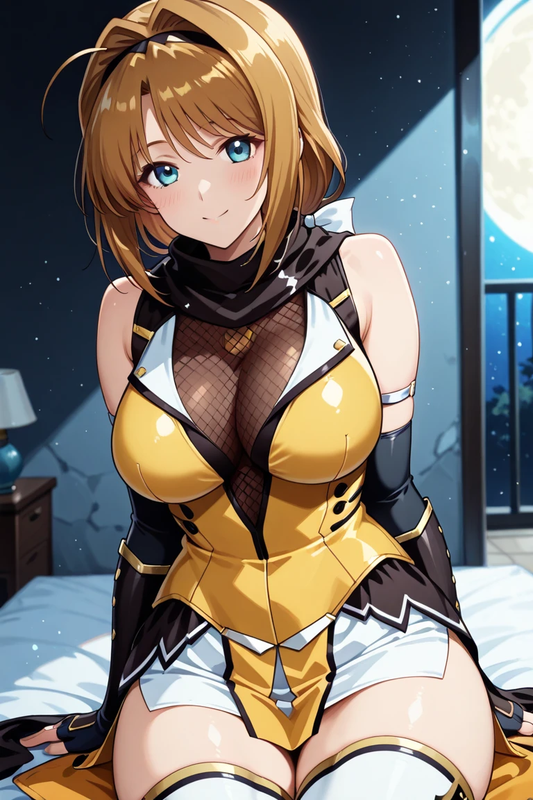 (SFW:1.5), Lying, bed, Open crotch, Dettol, Spread legs, show armpit, Downge-out, (masterpiece), large breasts, clothed,