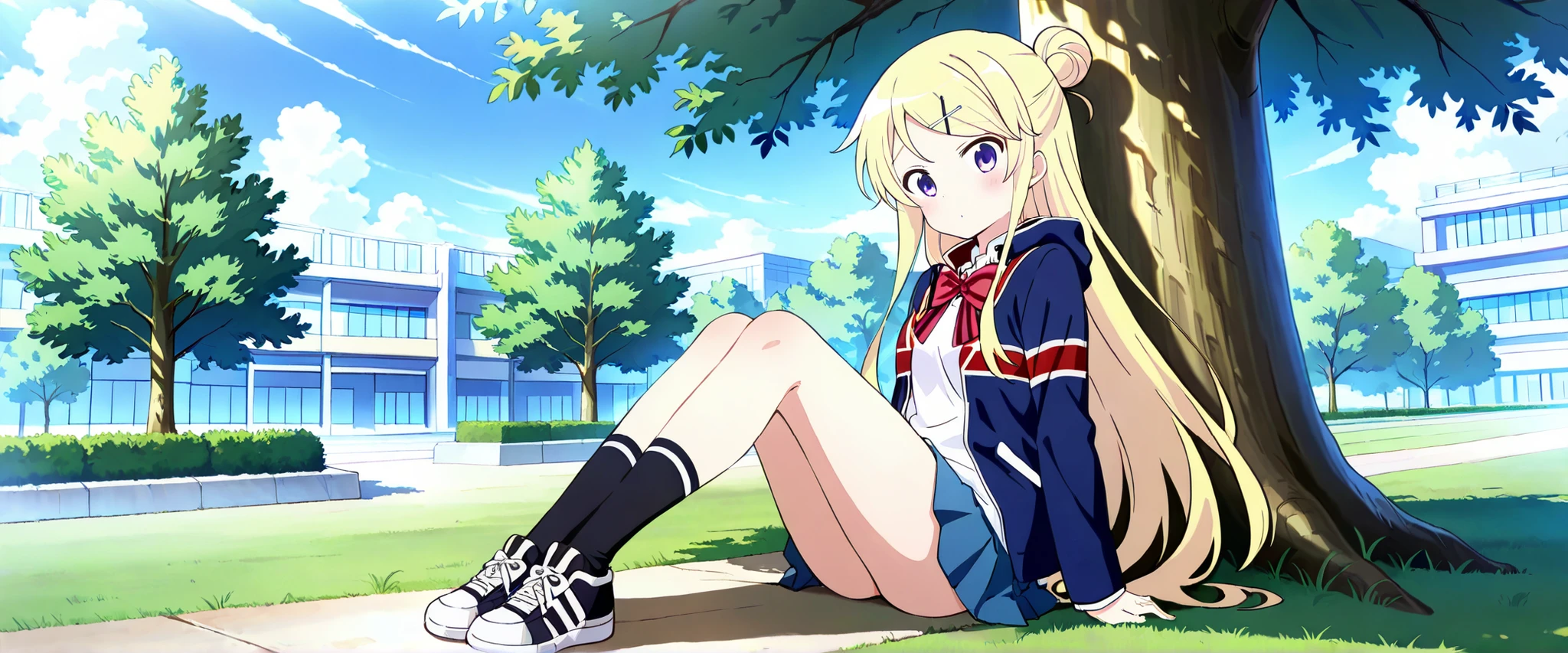 1girl, solo, long hair, looking at viewer, blush, blue eyes, skirt, blonde hair, shirt, hair ornament, bow, sitting, very long hair, school uniform, purple eyes, jacket, full body, pleated skirt, outdoors, sky, shoes, day, socks, hairclip, hood, bowtie, hair bun, black footwear, red bow, tree, single hair bun, grass, x hair ornament, black socks, building, sneakers, union jack,unwellness kujou karen