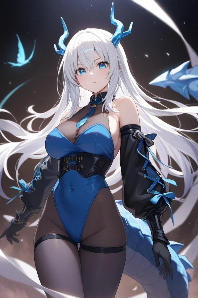 Happy woman, with wolf ears and blue hair, holding her cheeks, wolf tail, wearing a latex dress, looking at veiwer, full body, you can see her chest, naked breasts