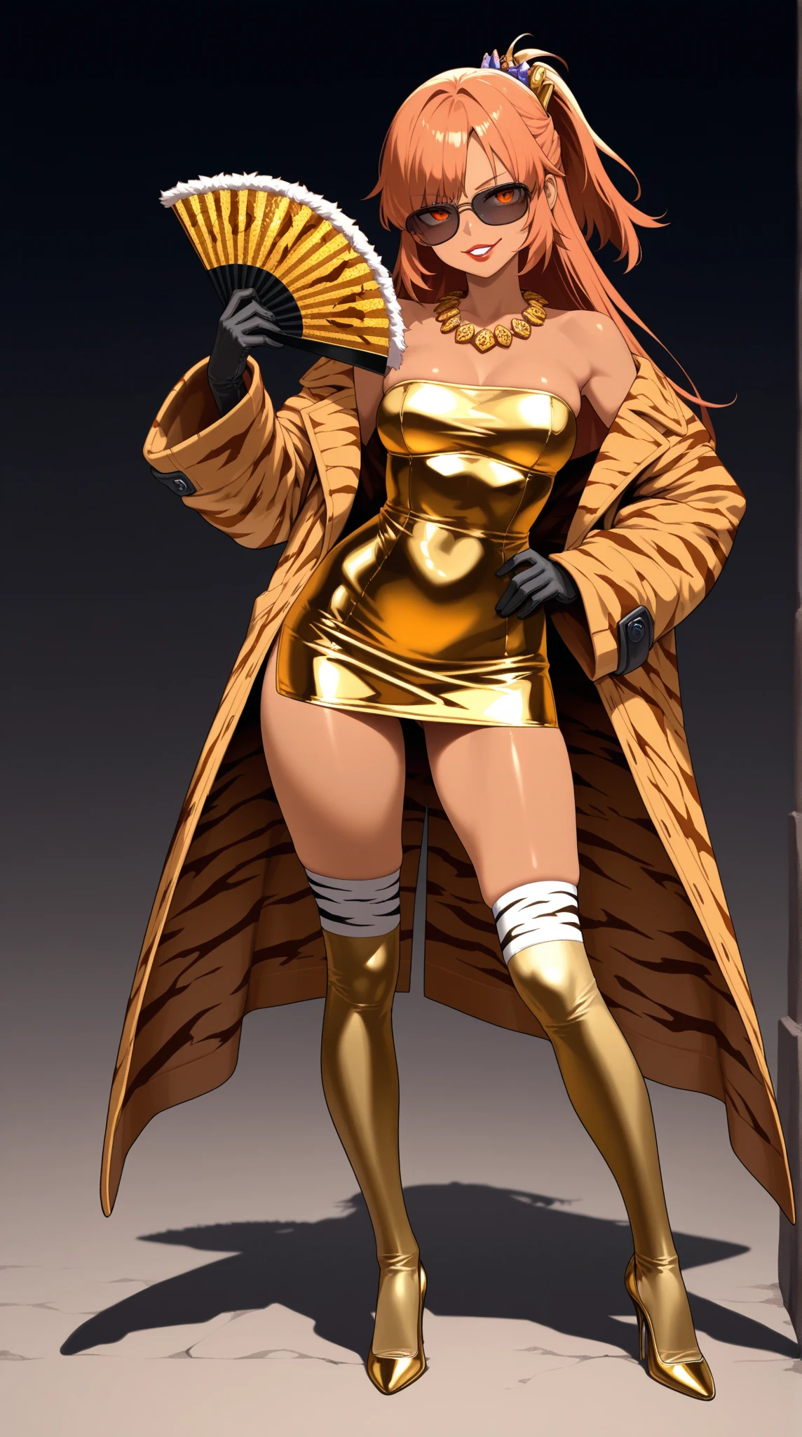 Femdom pretty ponytail girl with huge breast, upper class, luxury, triad female leader, Known for her impeccable fashion sense and elegant demeanor, she is a true embodiment of the Versace brand. Her body language is as captivating as her style dressed leopard print rubber trench coat with (((dramatic high coat collar))), leather pants, overknee boots,standing still with confidently, holding a whip, surrounded by her slaves at her feet . (full body showcase), (show full body), (no logos on background), (no logo), ((plain background)), ((plain background)), (((empty background))).