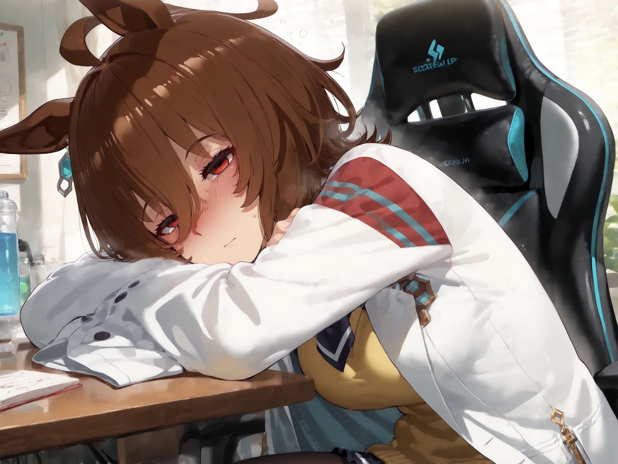 score_9, score_8_up, score_7_up, source_anime BREAK, high quality, 8k, usnr, Mizumizuni,
agnes tachyon \(umamusume\), lab coat, tie, red strong eyes, sleeves past fingers, yellow sweater, pantyhose, mature girl, highlighten eyes,
sleepy, closed eyes, relaxed, dark night, 目のクマ, gaming chair, school lab, sick, sleeplessness, sitting in desk, lean back, arms on elbow rest