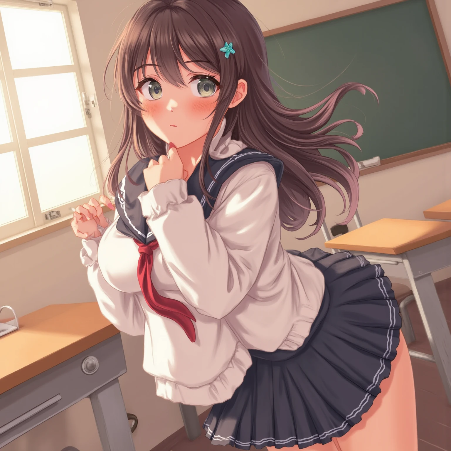 best quality,1girl,((,10歳:)),small breastsorgasm,blush,steam:1.1)), (brown eyes:1.5),black hair, short hair, ((twintail:1.3)),black skirt, white t-shirt,((lift skirt,upskirt,white pantiepanties:1.1)),ghs,pussy juithrough,classroom,erect ns
